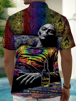 Adaychic Men's Graphic Alien Character Print Short Sleeve Shirt with Chest Pocket