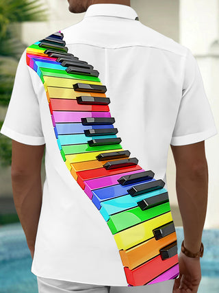 Adaychic Men's Graphic Rainbow Piano Keys Print Short Sleeve Shirt with Chest Pocket