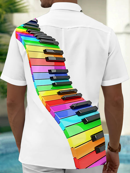 Adaychic Men's Graphic Rainbow Piano Keys Print Short Sleeve Shirt with Chest Pocket