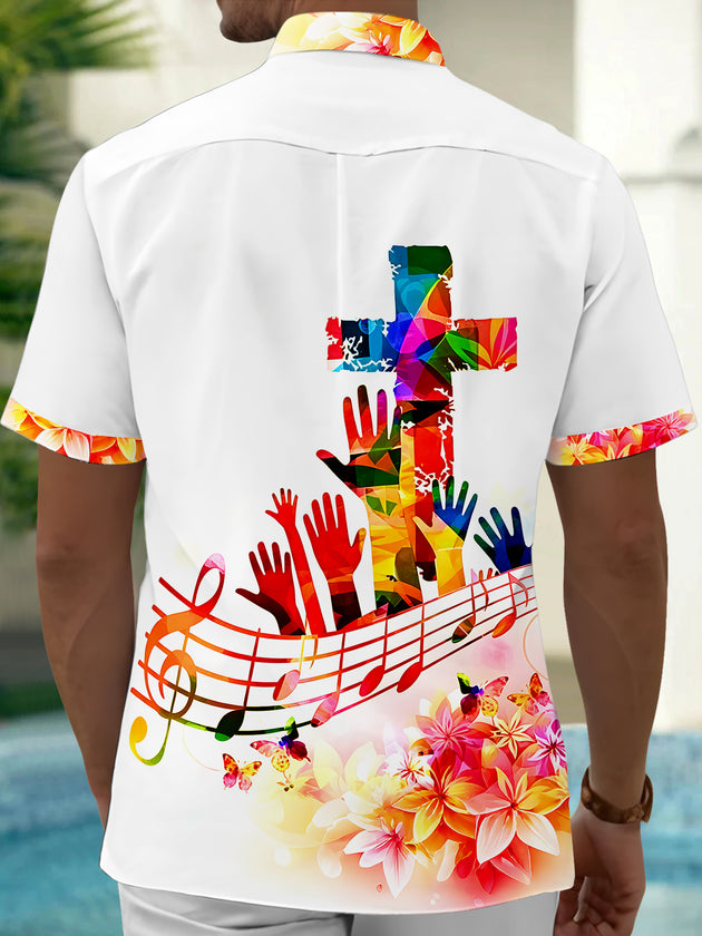 Adaychic Men's Graphic Colorful Cross Print Short Sleeve Shirt with Chest Pocket