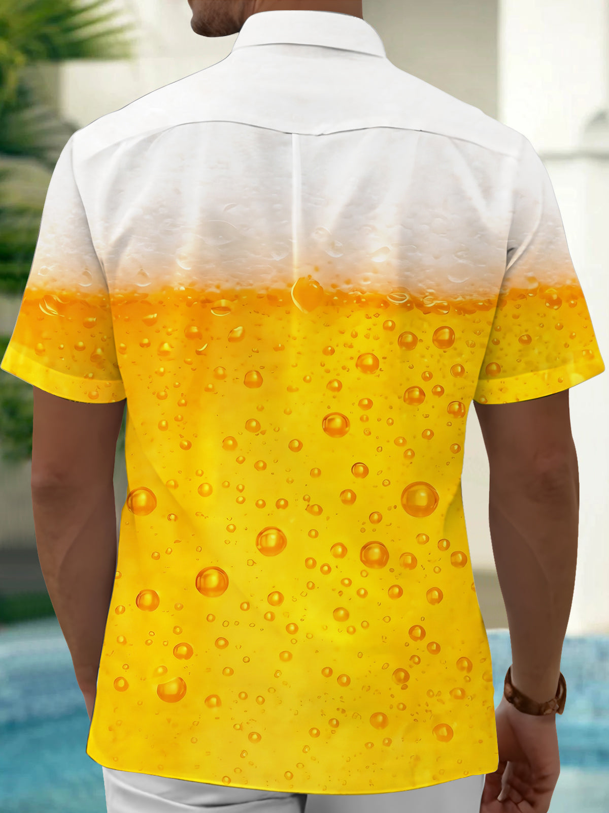 Adaychic Men's Graphic Beer Foam Bubbles Print Short Sleeve Shirt with Chest Pocket