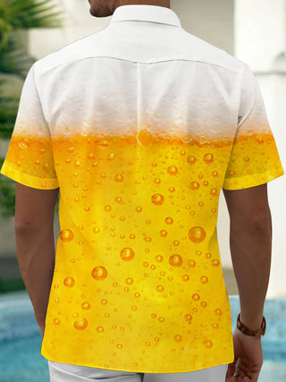 Adaychic Men's Graphic Beer Foam Bubbles Print Short Sleeve Shirt with Chest Pocket
