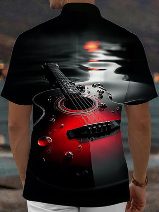 Adaychic Men's Graphic Guitar Print Short Sleeve Shirt with Chest Pocket
