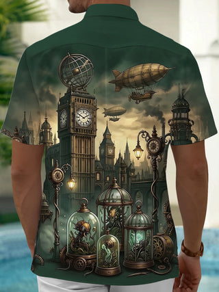 Adaychic Men's Short Sleeve Shirt - Victorian Architecture And Steampunk Elements Print with Chest Pocket