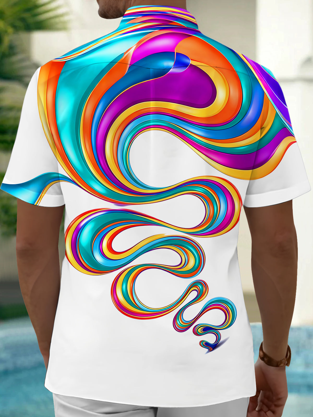 Adaychic Men's Abstract Colorful Swirl Ribbon Print Short Sleeve Shirt with Chest Pocket