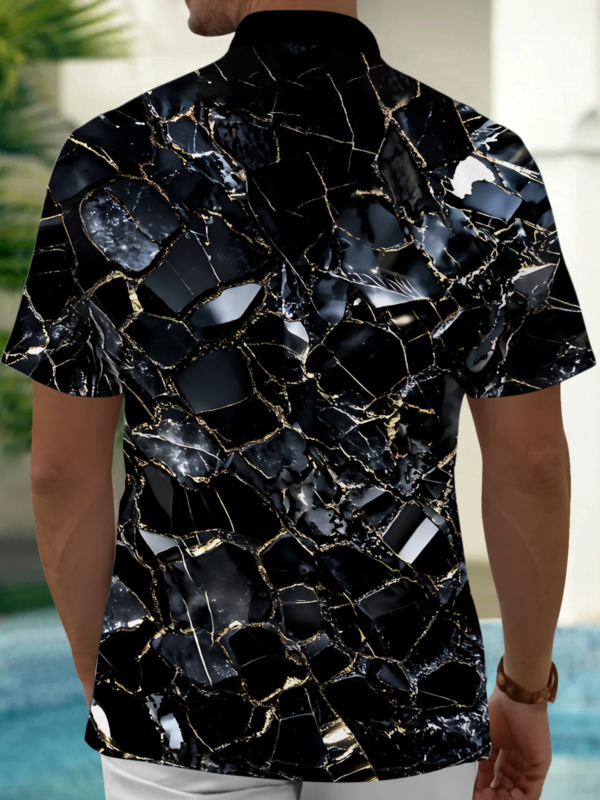 Adaychic Men's Patterned Black Marble Print Short Sleeve Shirt with Chest Pocket