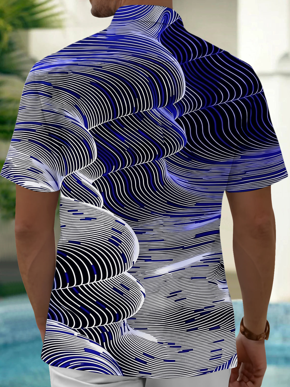 Adaychic Men's Patterned Abstract Wavy Lines Print Short Sleeve Shirt with Chest Pocket