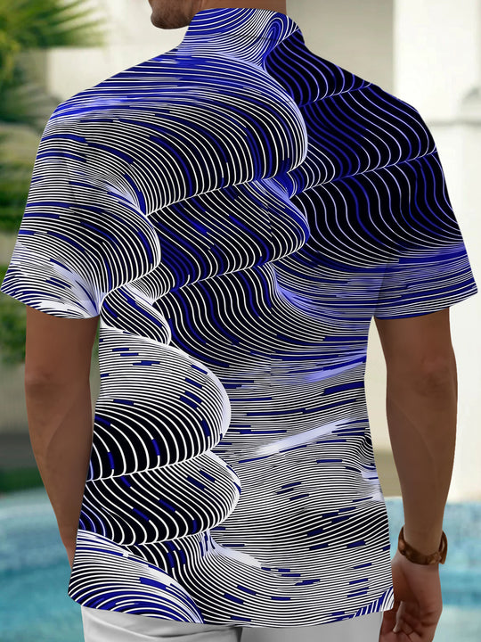 Adaychic Men's Patterned Abstract Wavy Lines Print Short Sleeve Shirt with Chest Pocket