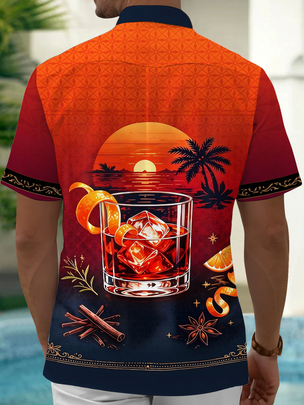 Adaychic Men's Hawaiian Sunset Palm Tree Print Short Sleeve Shirt with Chest Pocket