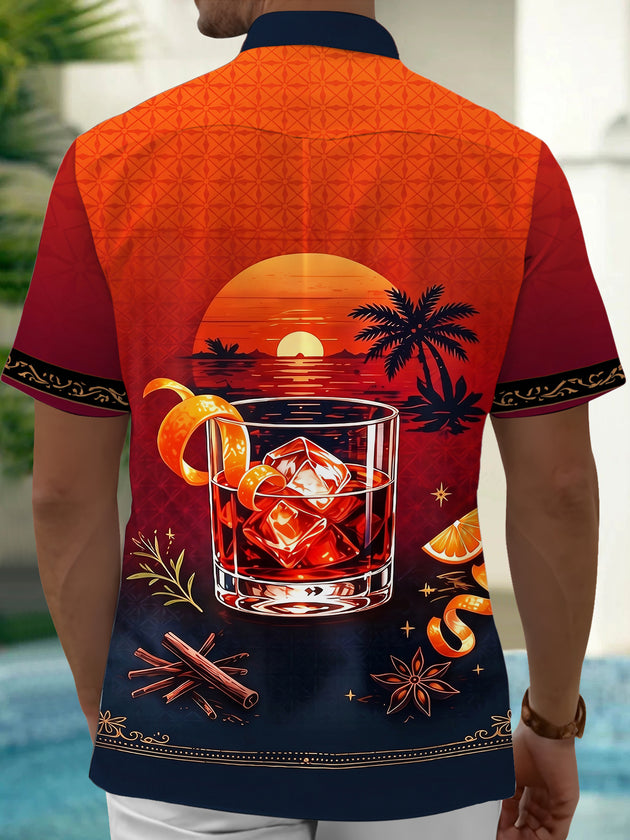 Adaychic Men's Hawaiian Sunset Palm Tree Print Short Sleeve Shirt with Chest Pocket