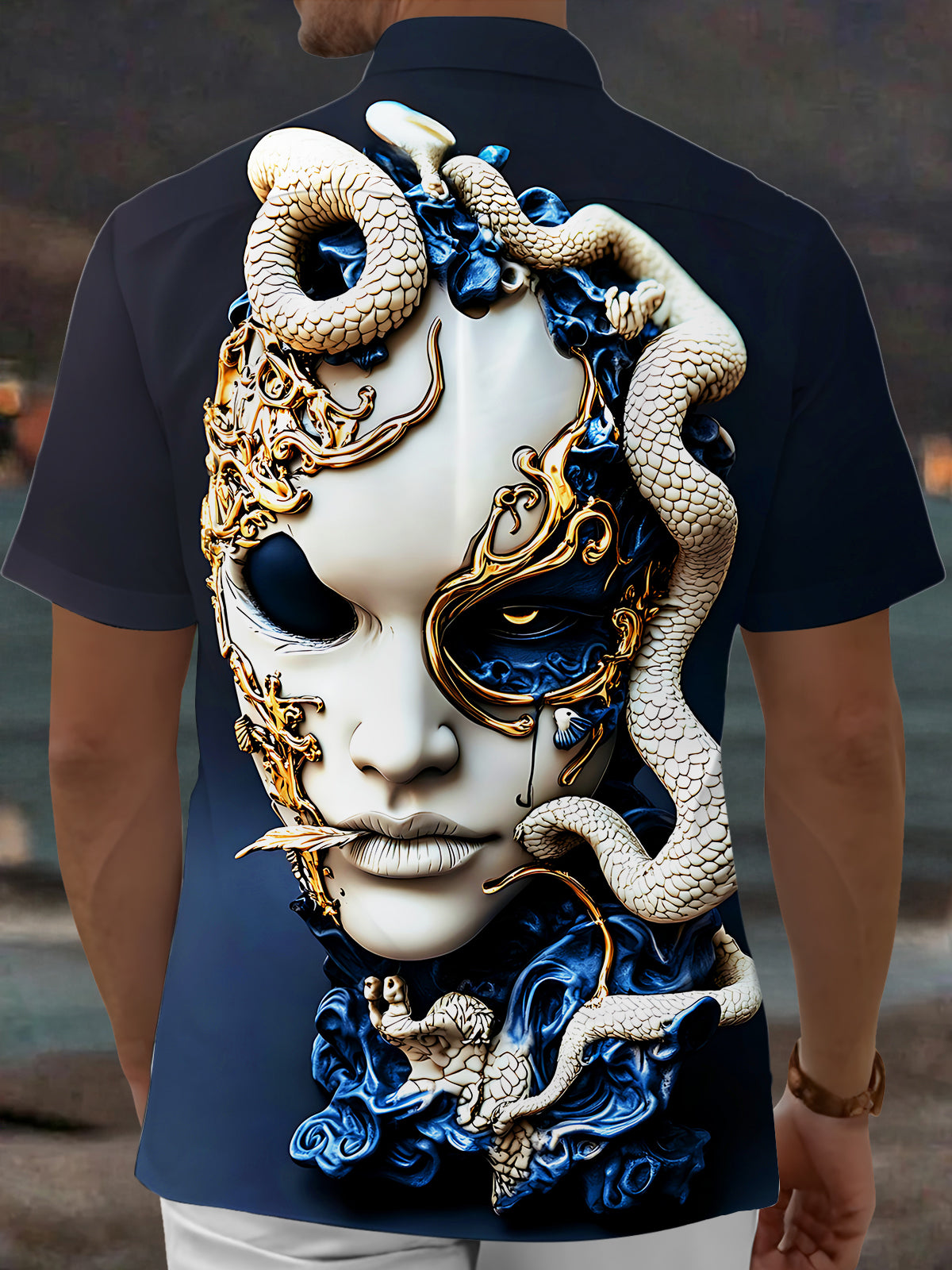 Adaychic Men's Graphic 3D Snake Mask Print Short Sleeve Shirt with Chest Pocket