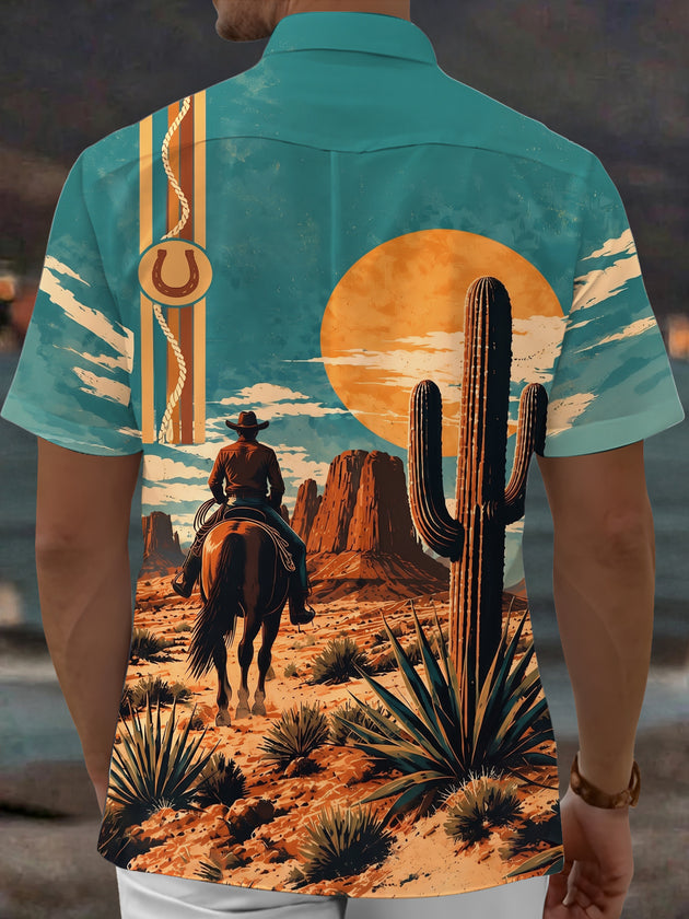 Adaychic Men's Short Sleeve Shirt - Western Desert Landscape With Cactus And Cowboy Print with Chest Pocket