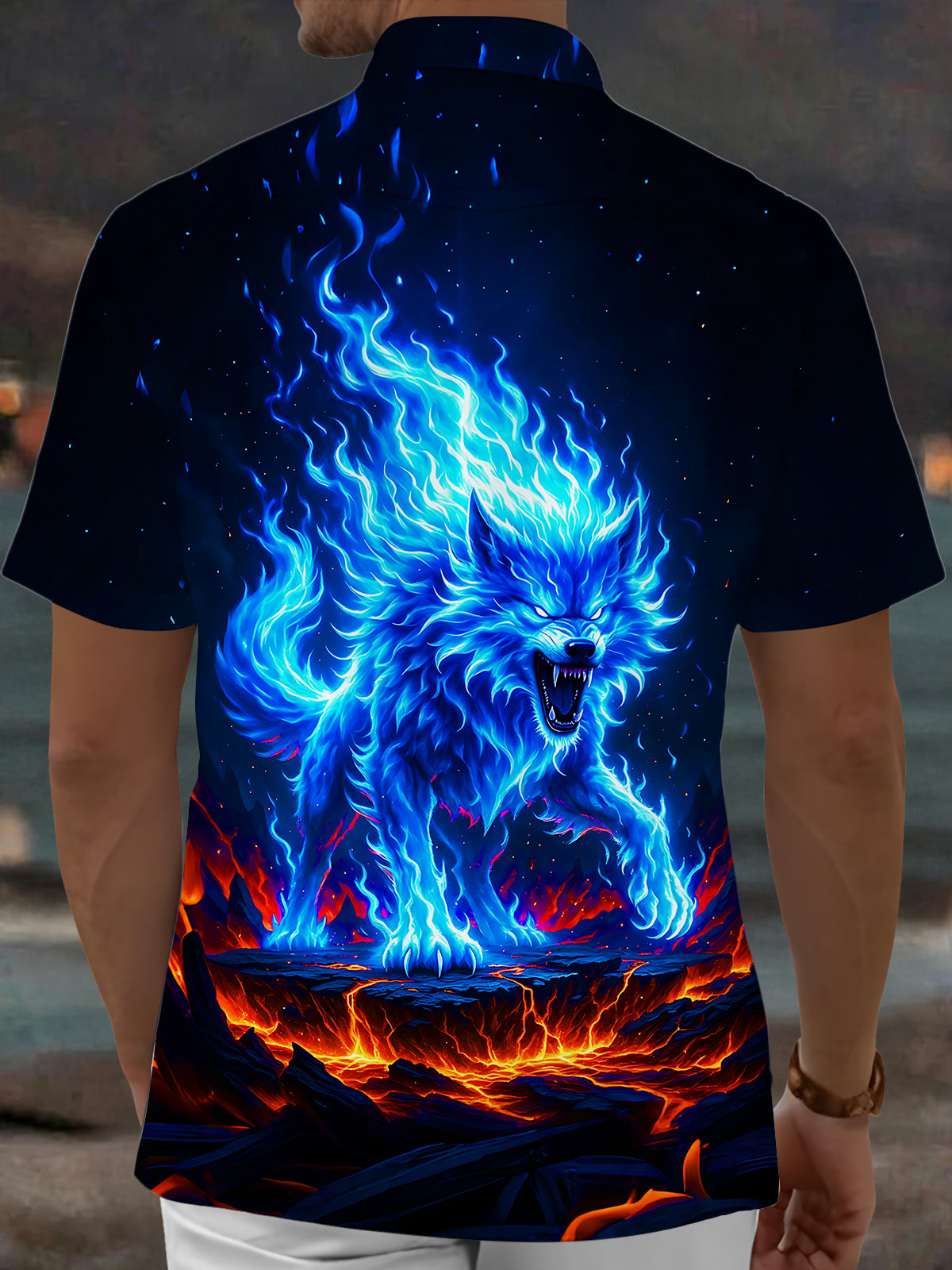 Adaychic Men's Graphic Blue Flame Wolf Print Short Sleeve Shirt with Chest Pocket