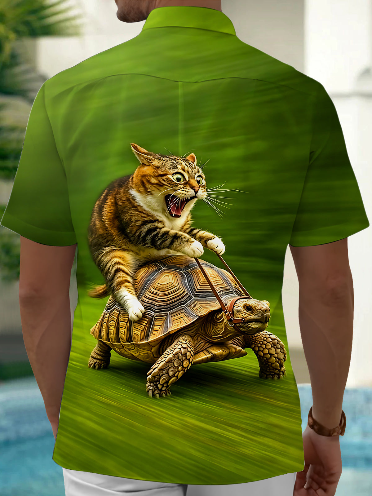 Adaychic Men's Graphic Cat Riding Tortoise Print Short Sleeve Button Down Shirt with Chest Pocket