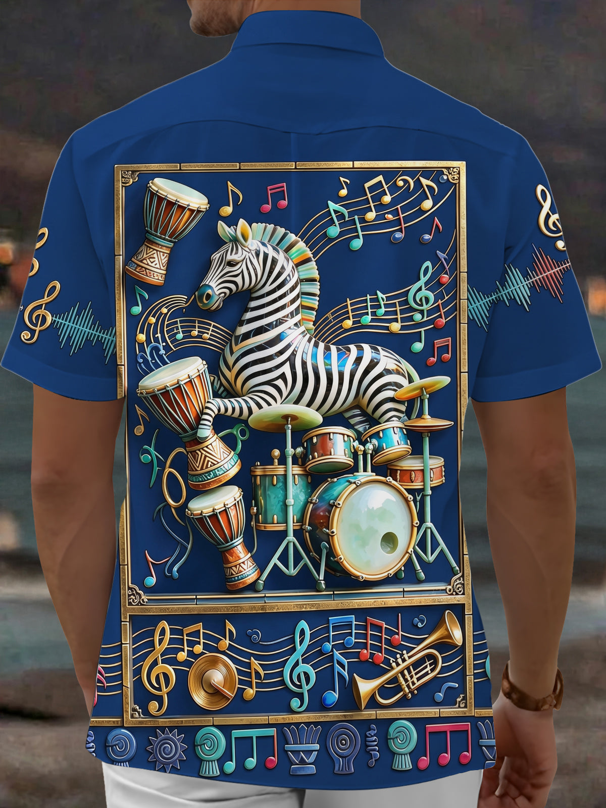 Adaychic Men's Graphic Zebra Drummer Print Short Sleeve Shirt with Chest Pocket