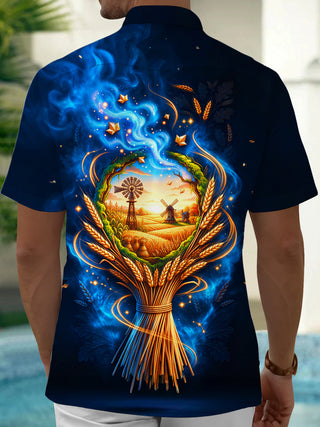 Adaychic Men's Wheat Field And Windmill Landscape Print Short Sleeve Shirt with Chest Pocket