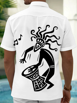 Adaychic Men's Graphic African Drummer Print Short Sleeve Shirt with Chest Pocket