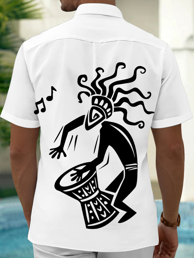 Adaychic Men's Graphic African Drummer Print Short Sleeve Shirt with Chest Pocket