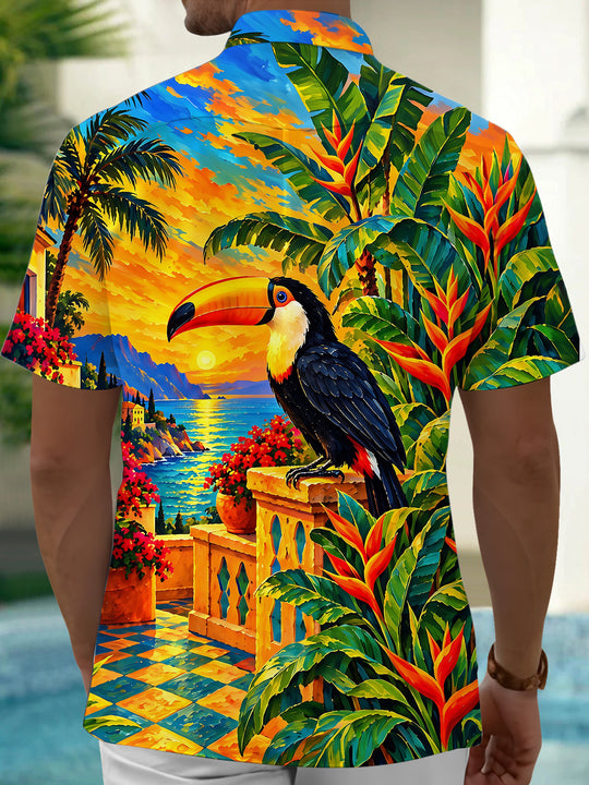 Adaychic Men's Toucan And Palm Tree Sunset Landscape Print Short Sleeve Shirt with Chest Pocket