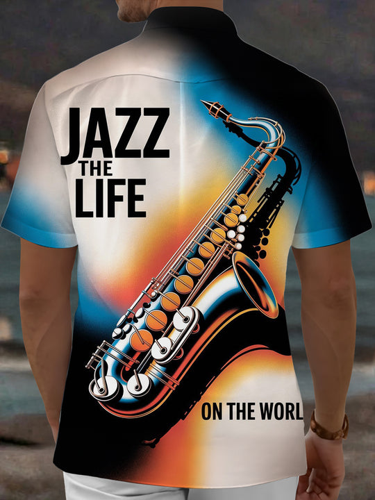 Adaychic Men's Graphic Music Print Short Sleeve Shirt with Chest Pocket