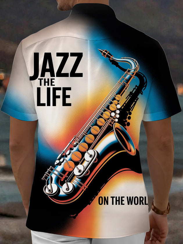 Adaychic Men's Graphic Music Print Short Sleeve Shirt with Chest Pocket