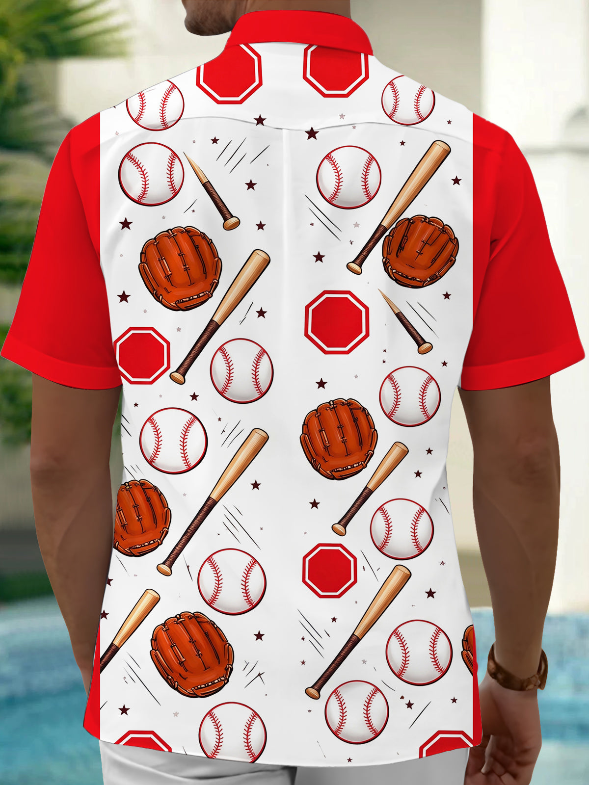 Adaychic Men's Baseball Equipment And Home Plate Print Short Sleeve Shirt with Chest Pocket