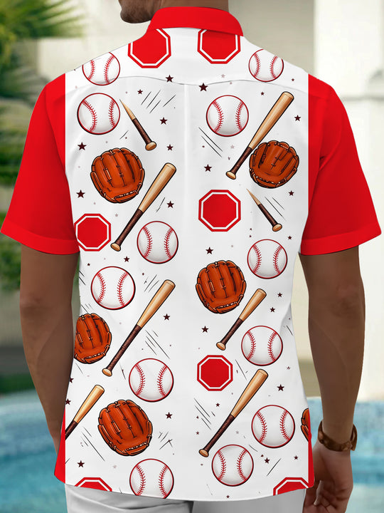 Adaychic Men's Baseball Equipment And Home Plate Print Short Sleeve Shirt with Chest Pocket