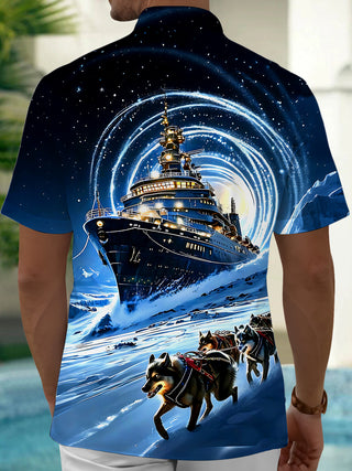 Adaychic Men's Graphic Cruise Ship Print Sled Dogs Print Short Sleeve Shirt with Chest Pocket