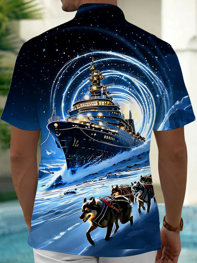 Adaychic Men's Graphic Cruise Ship Print Sled Dogs Print Short Sleeve Shirt with Chest Pocket