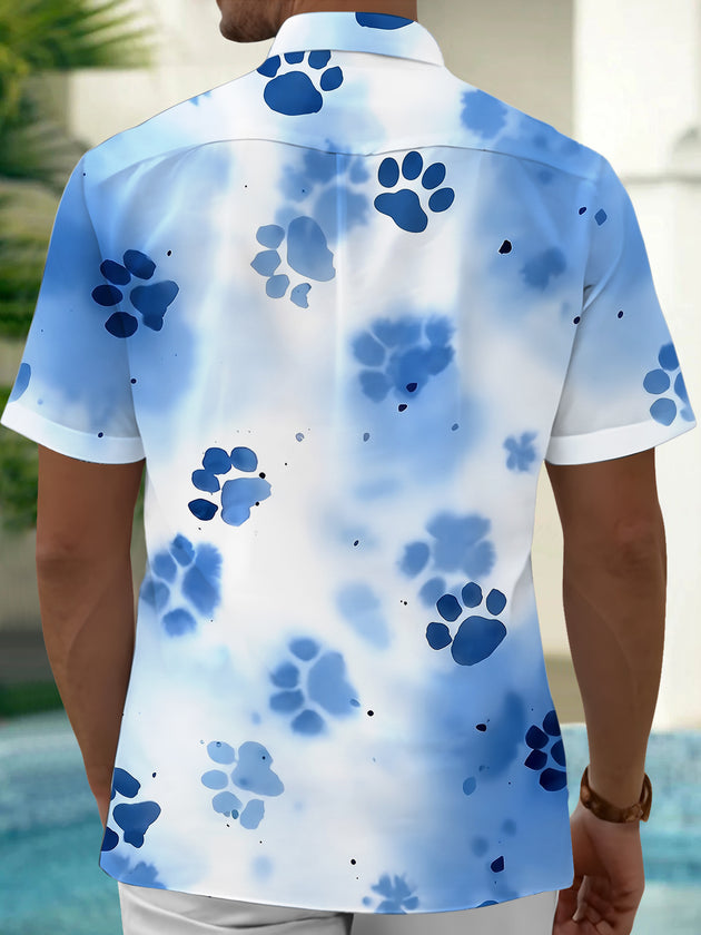 Adaychic Men's Tie Dye Blue Paw Print Tie Dye Pattern Short Sleeve Shirt with Chest Pocket