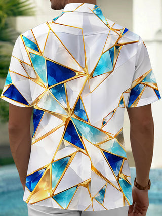 Adaychic Men's Short Sleeve Shirt - Geometric Crystal Facets With Gold Lines Print with Chest Pocket