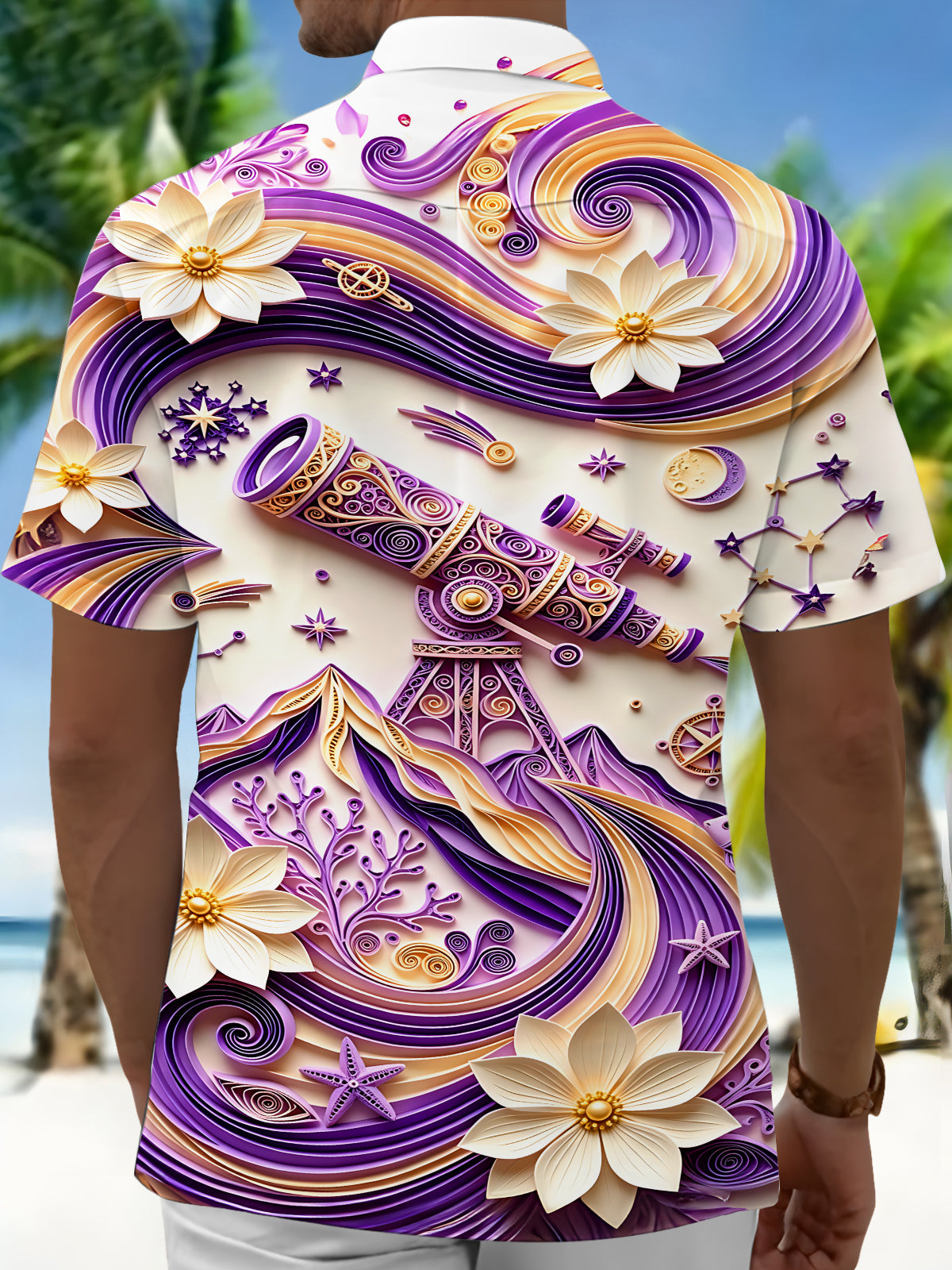 Adaychic Men's 3D Quilled Telescope Print Floral Pattern Short Sleeve Shirt with Chest Pocket