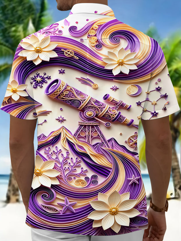 Adaychic Men's 3D Quilled Telescope Print Floral Pattern Short Sleeve Shirt with Chest Pocket