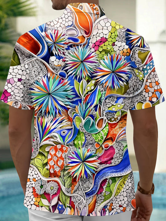Men's blue floral short sleeve Hawaiian shirt back view