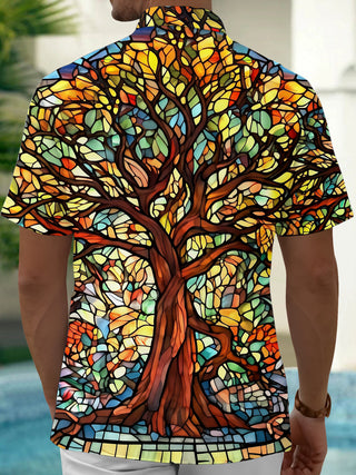 Adaychic Men's Printed Stained Glass Tree Print Short Sleeve Shirt with Chest Pocket