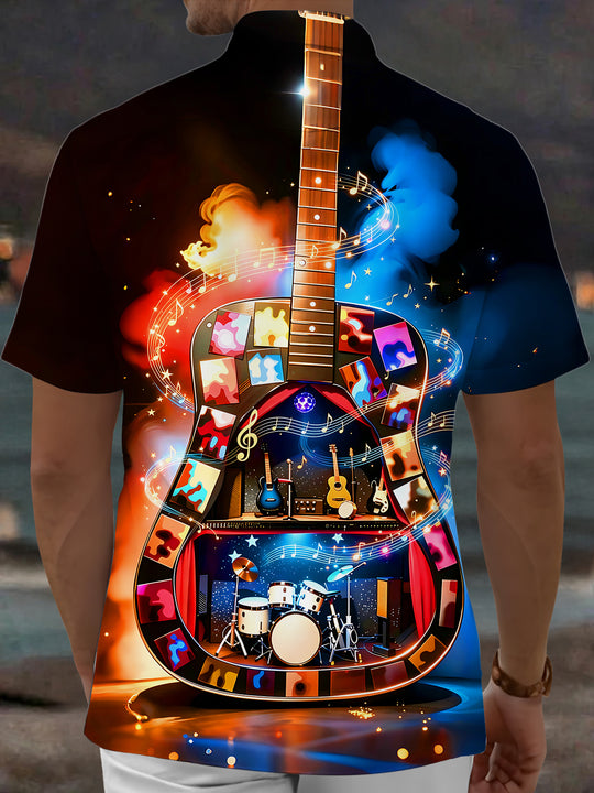 Adaychic Men's Graphic Guitar Music Stage Print Short Sleeve Shirt with Chest Pocket