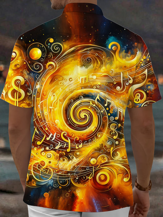 Adaychic Men's Graphic Musical Notes Print Short Sleeve Shirt with Chest Pocket