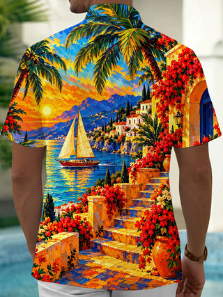 Adaychic Men's Short Sleeve Shirt - Coastal Sunset Sailboat And Mediterranean Architecture Print with Chest Pocket