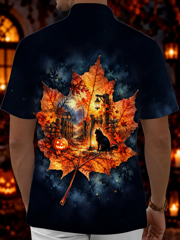 Adaychic Men's Short Sleeve Shirt - Halloween Black Cat And Jack-o-lantern Pumpkin Print with Chest Pocket