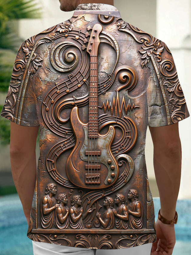 Adaychic Men's Short Sleeve Shirt - Bronze Relief Bass Guitar And Musical Notes Print with Chest Pocket
