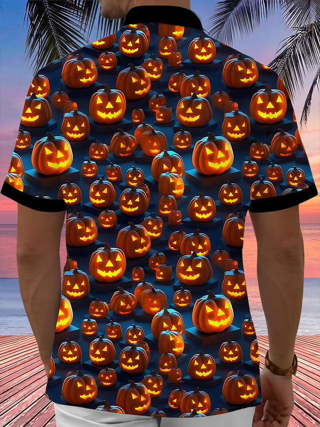 Adaychic Men's Graphic Halloween Jack-o-lantern Print Short Sleeve Shirt with Chest Pocket