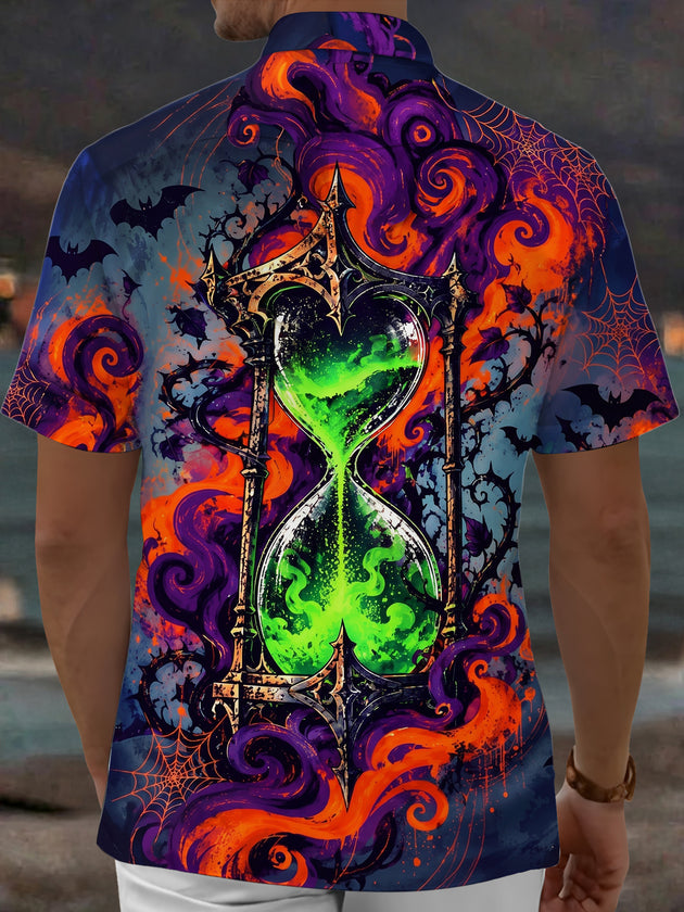 Adaychic Men's Short Sleeve Shirt - Halloween Gothic Hourglass With Green Liquid Print with Chest Pocket