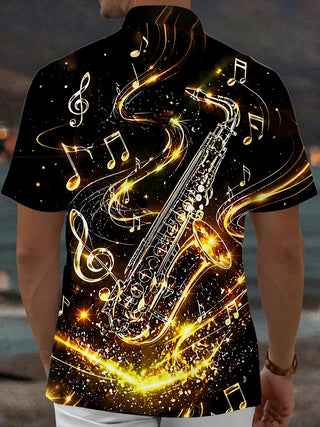 Adaychic Men's Hawaiian Golden Saxophone Print Short Sleeve Shirt with Chest Pocket