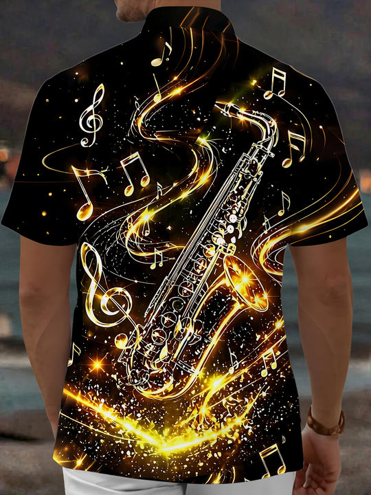 Adaychic Men's Hawaiian Golden Saxophone Print Short Sleeve Shirt with Chest Pocket