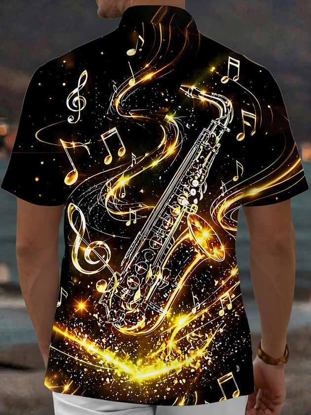 Adaychic Men's Hawaiian Golden Saxophone Print Short Sleeve Shirt with Chest Pocket