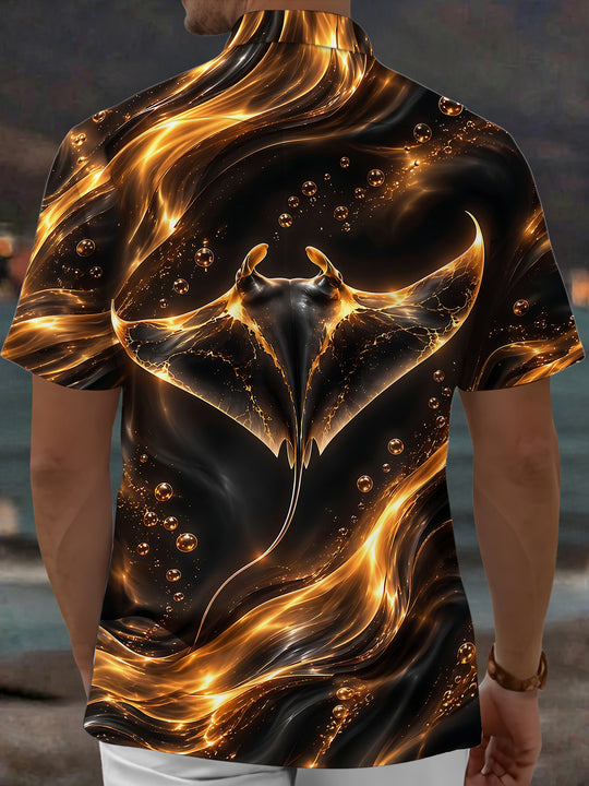 Adaychic Men's Manta Ray With Golden Bubbles And Waves Print Short Sleeve Shirt with Chest Pocket