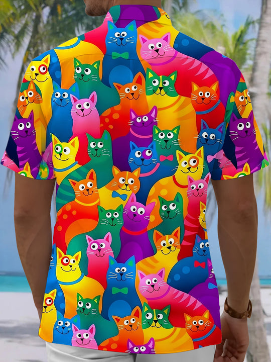 Adaychic Men's Hawaiian Colorful Cartoon Cat Print Short Sleeve Button Down Shirt with Chest Pocket