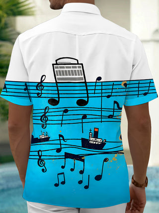 Adaychic Men's Graphic Musical Notes On Staff Print Short Sleeve Shirt with Chest Pocket