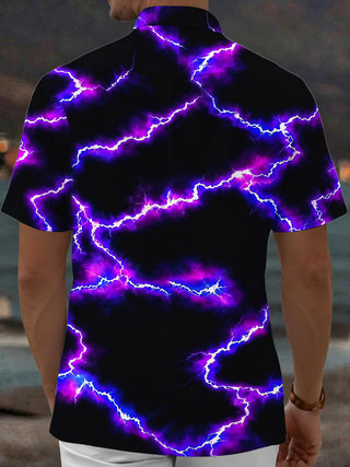 Adaychic Men's Abstract Purple Lightning Bolt Print Short Sleeve Shirt with Chest Pocket