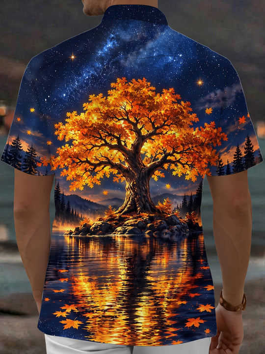 Adaychic Men's Autumn Tree And Starry Night Landscape Print Short Sleeve Shirt with Chest Pocket
